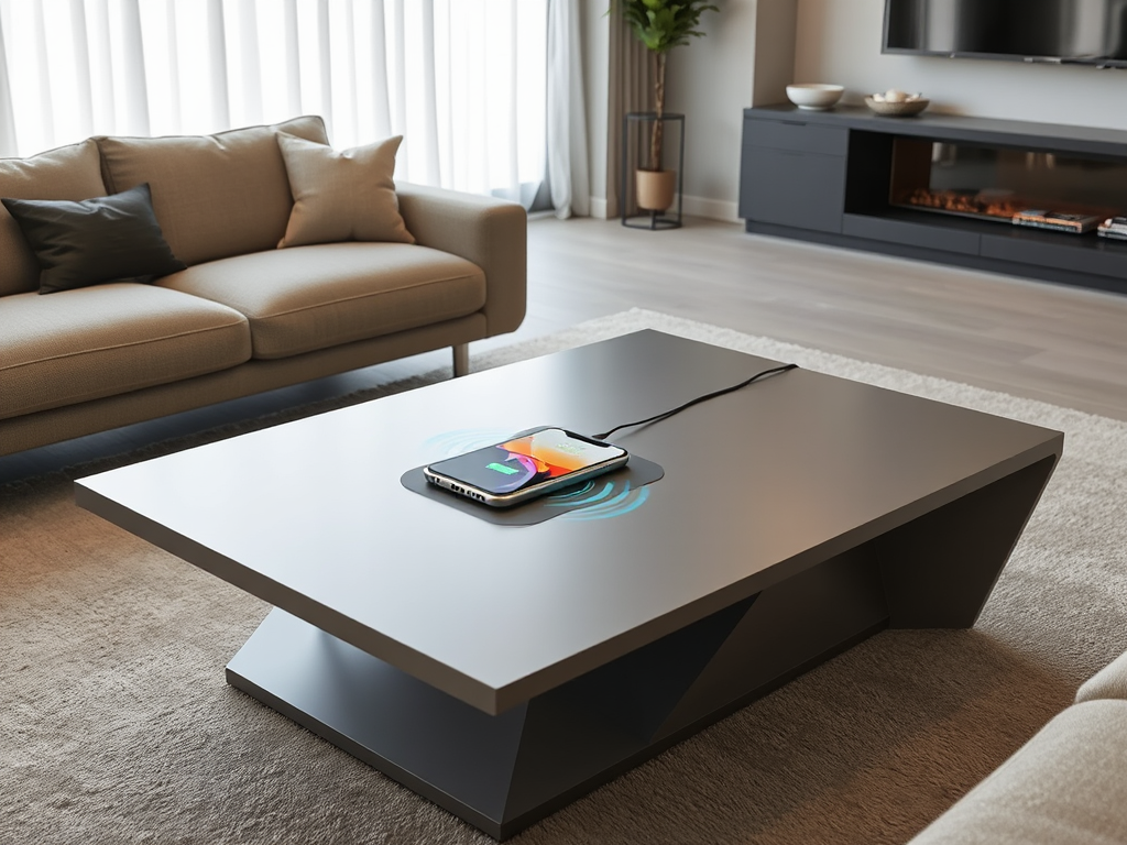 Modern living room with a sleek coffee table featuring an integrated wireless charging pad, a smartphone charging effortlessly on it, clean aesthetic, no text, no words, no typography, 8K